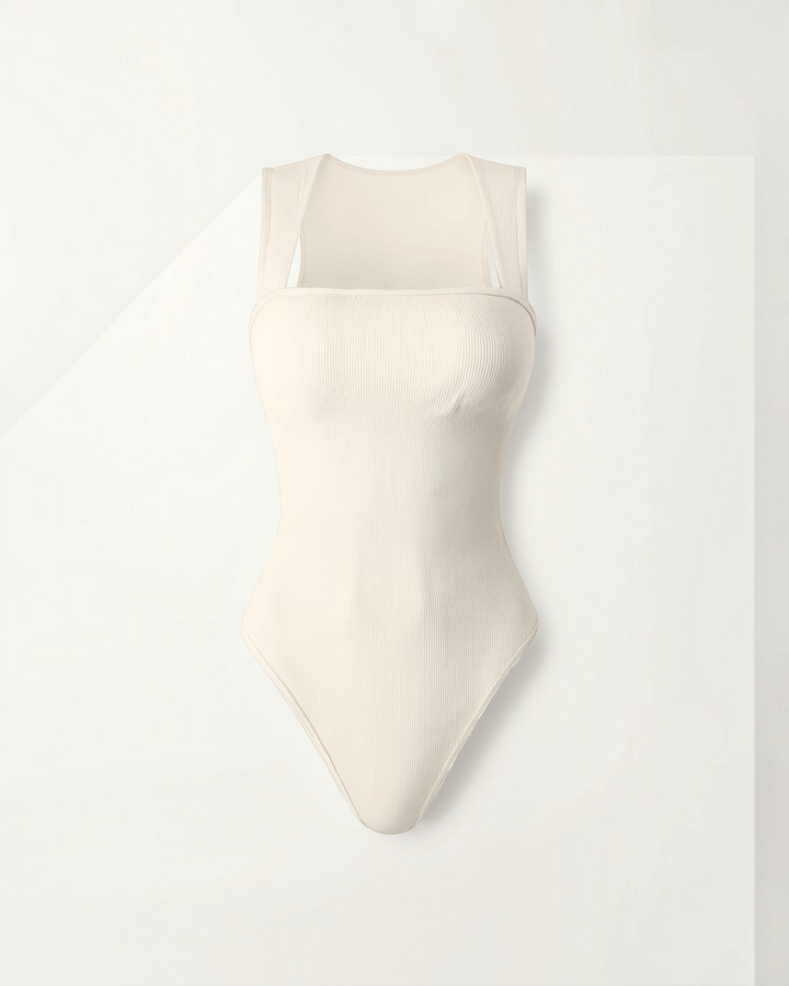 Luna Moda cream ribbed square neck bodysuit with wide straps and seamless sculpting fit