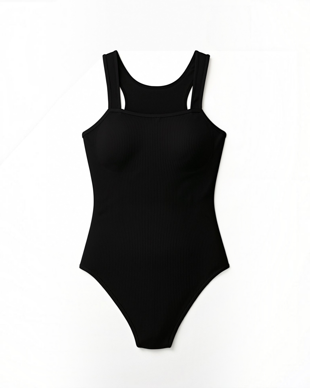 Luna Moda black ribbed bodysuit with a square neckline and wide straps, featuring a seamless sculpting design.