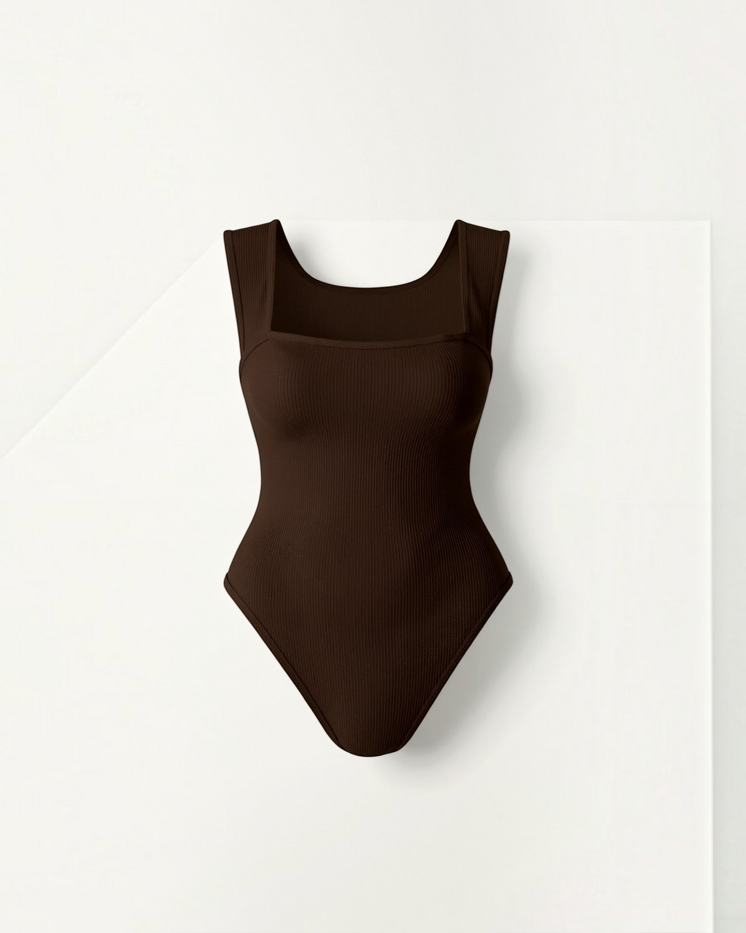 Luna Moda dark brown ribbed bodysuit with a square neckline and wide straps for a seamless, sculpting fit.