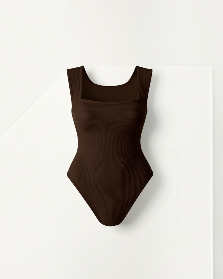 Luna Moda dark brown ribbed bodysuit with a square neckline and wide straps for a seamless, sculpting fit.