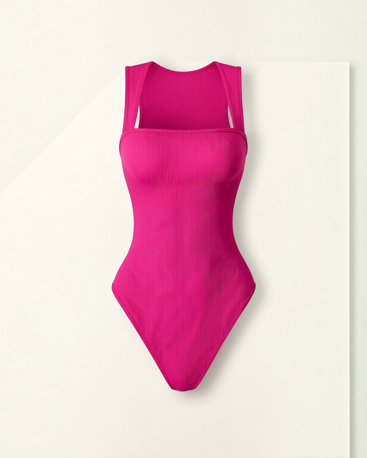 Luna Moda fuchsia ribbed square neck bodysuit with wide straps and seamless sculpting fit on a neutral background.