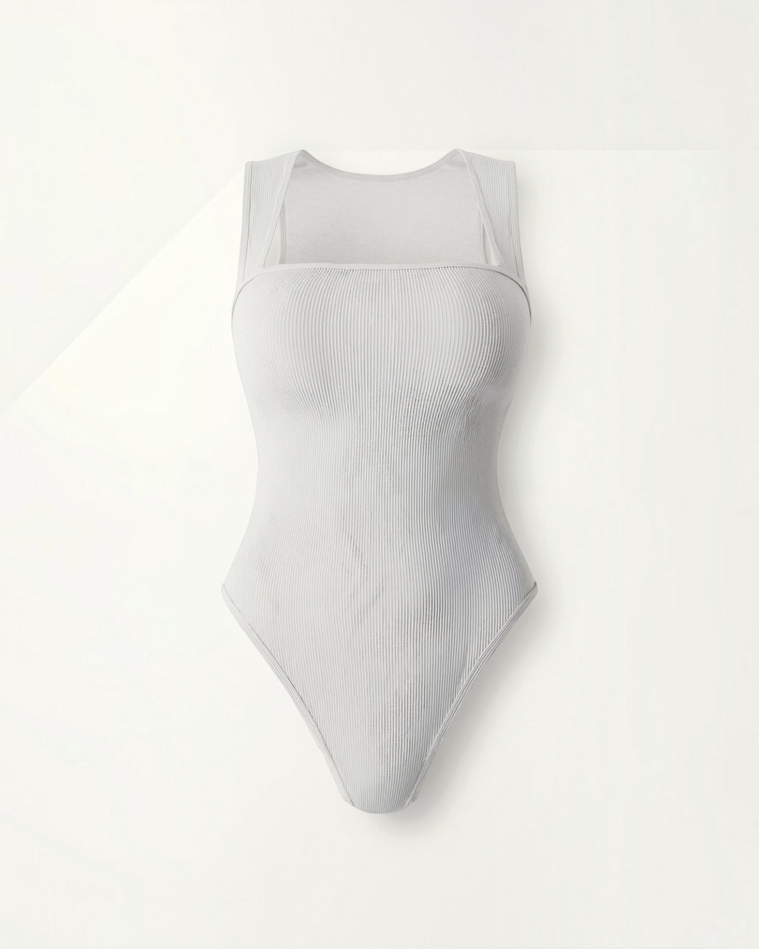 Luna Moda light grey ribbed bodysuit with a square neckline and wide straps for a seamless sculpting fit.