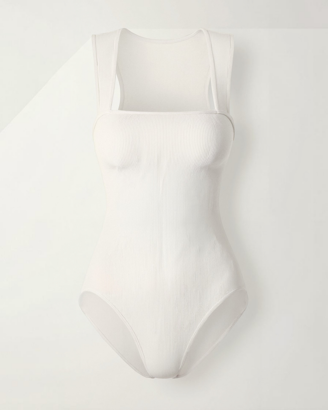Luna Moda white ribbed bodysuit with a square neckline and wide straps for a seamless, sculpting fit.