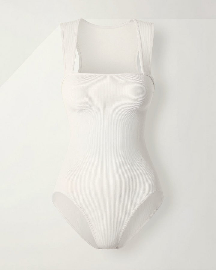 Luna Moda white ribbed bodysuit with a square neckline and wide straps for a seamless, sculpting fit.