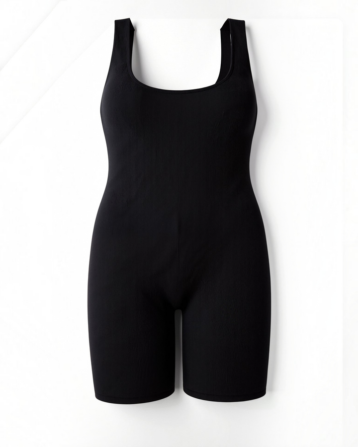 Luna Moda black ribbed square neck bodysuit with seamless sculpting fit and wide straps on a white background