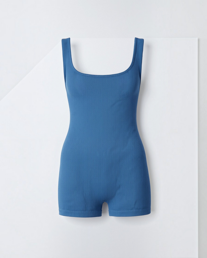 Luna Moda blue ribbed seamless bodysuit with a square neckline and sculpting fit for a sleek silhouette.