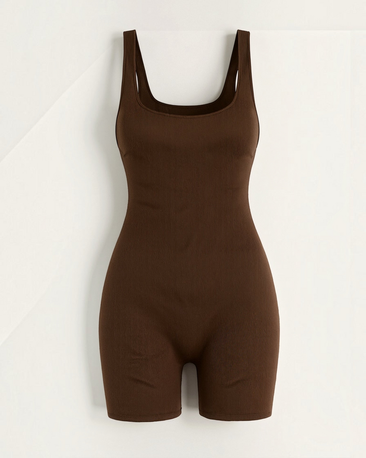 Luna Moda brown ribbed seamless bodysuit with a square neckline and sculpting fit for a sleek silhouette.