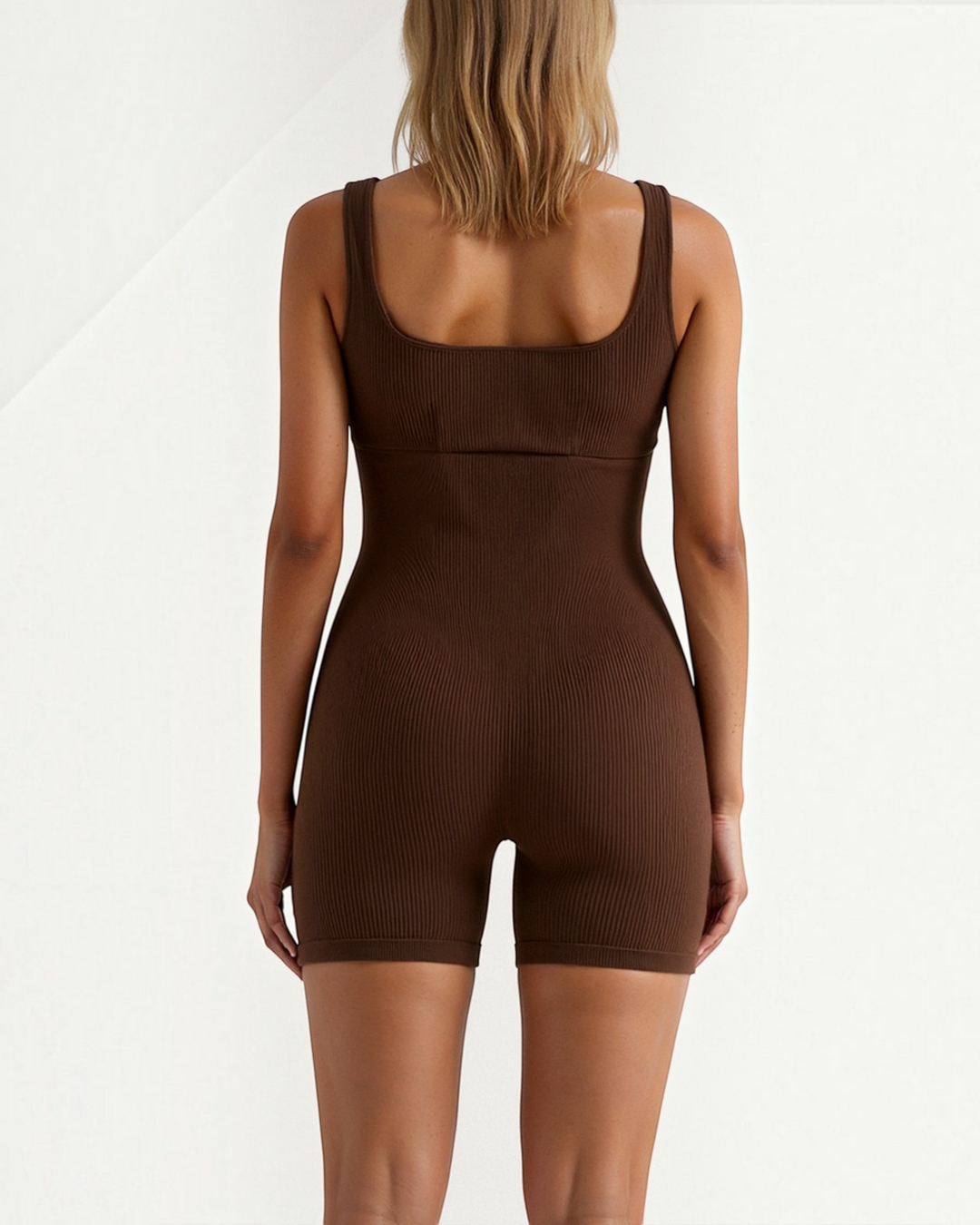 Luna Moda brown ribbed seamless bodysuit with square neckline and sculpting fit, back view on a model.