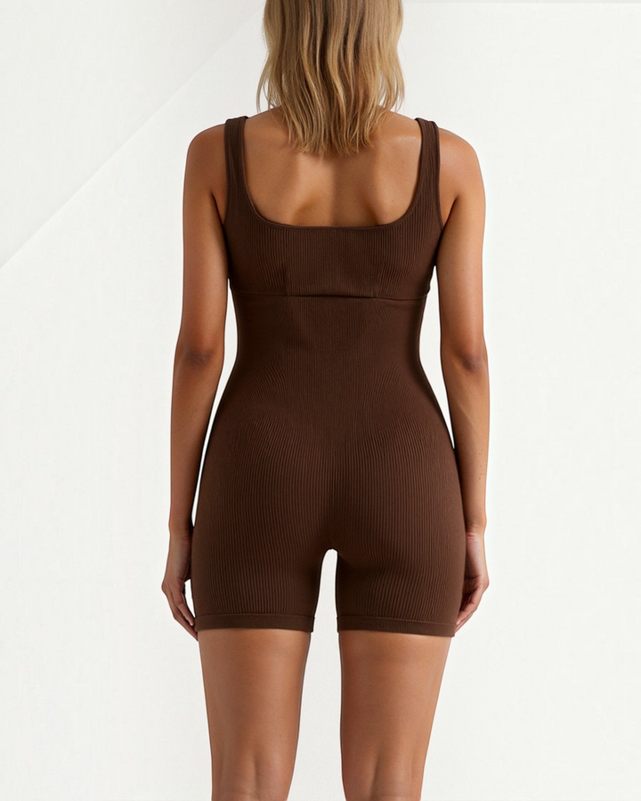 Luna Moda brown ribbed seamless bodysuit with square neckline and sculpting fit, back view on a model.