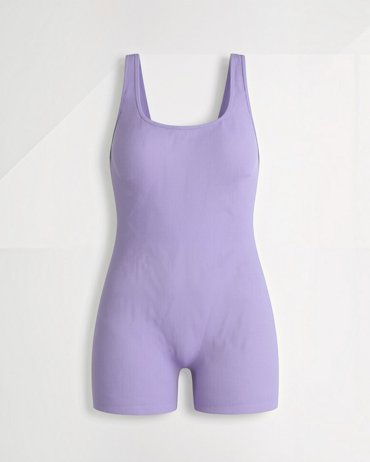 Luna Moda lavender ribbed seamless bodysuit with a square neckline and sculpting fit for a sleek silhouette.