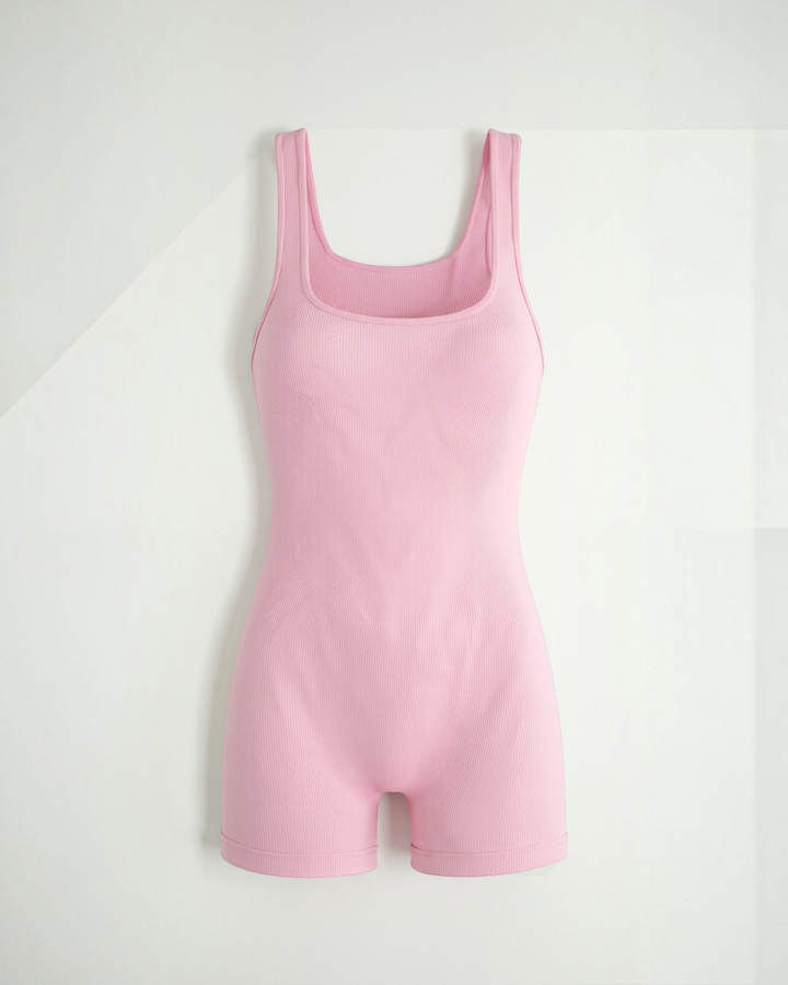 Luna Moda pink ribbed seamless bodysuit with a square neckline and sculpting fit for a sleek silhouette.