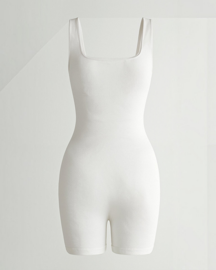 Luna Moda white ribbed square neck seamless bodysuit with a sculpting fit and wide straps.