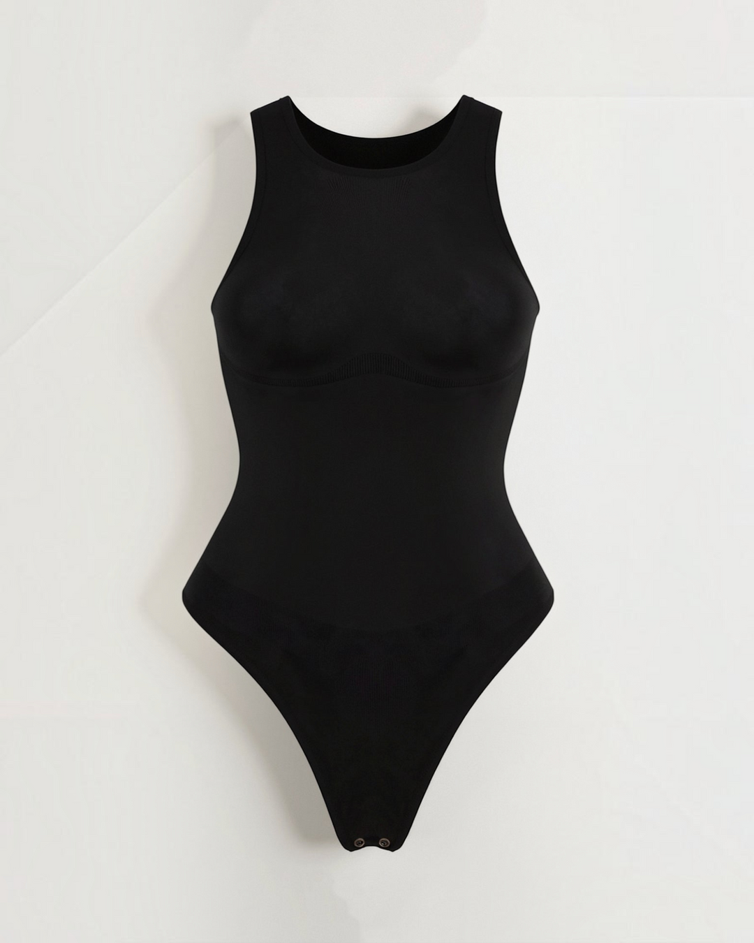 Luna Moda black seamless thong bodysuit with a round neckline and sleeveless design for a smooth silhouette.