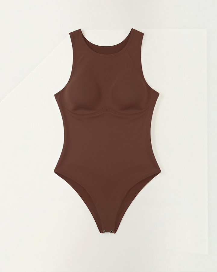 Luna Moda seamless thong bodysuit in dark brown with a round neckline and sleeveless design for a smooth silhouette.