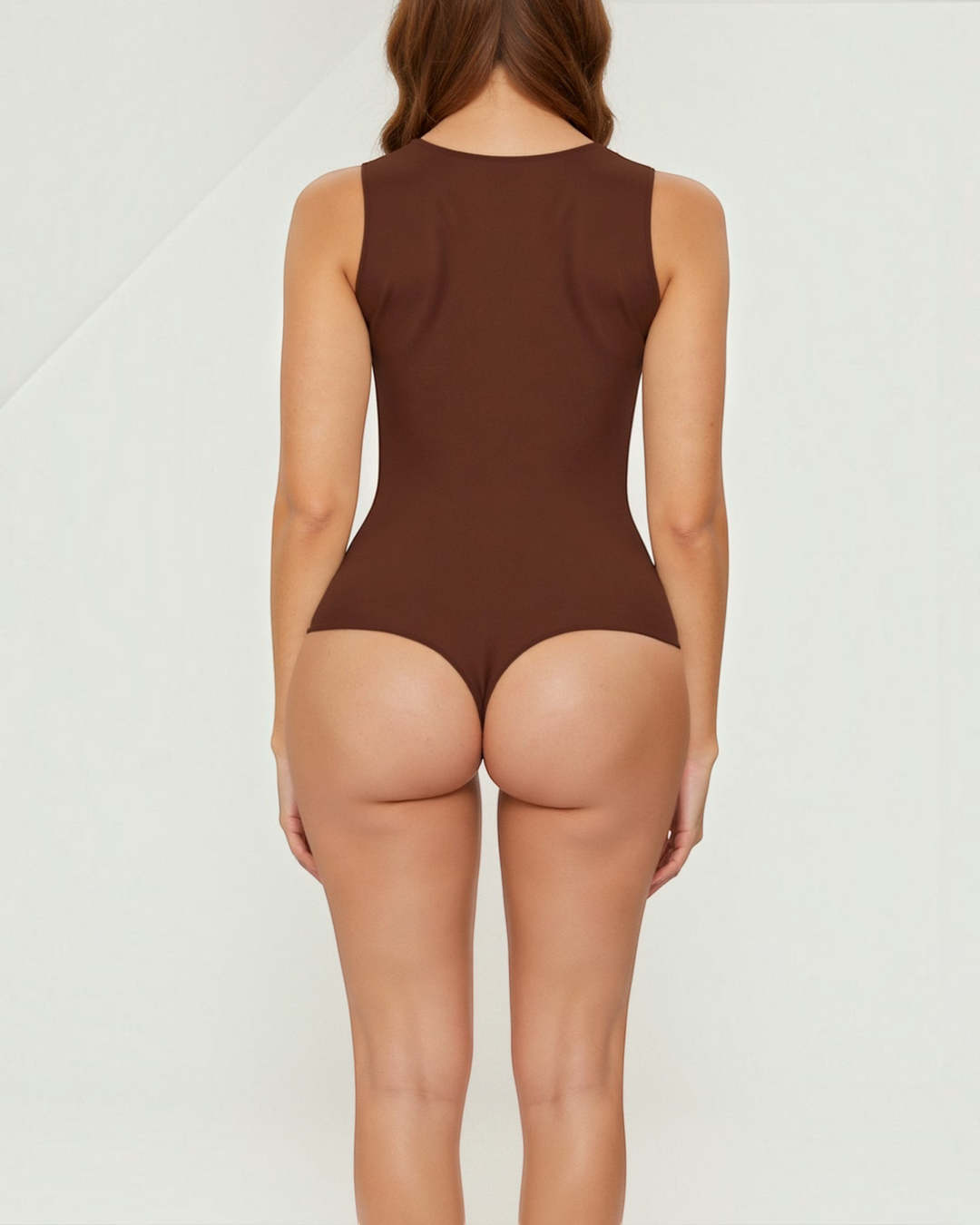 Luna Moda seamless brown thong bodysuit with a high round neckline, back view showing a smooth second-skin fit.