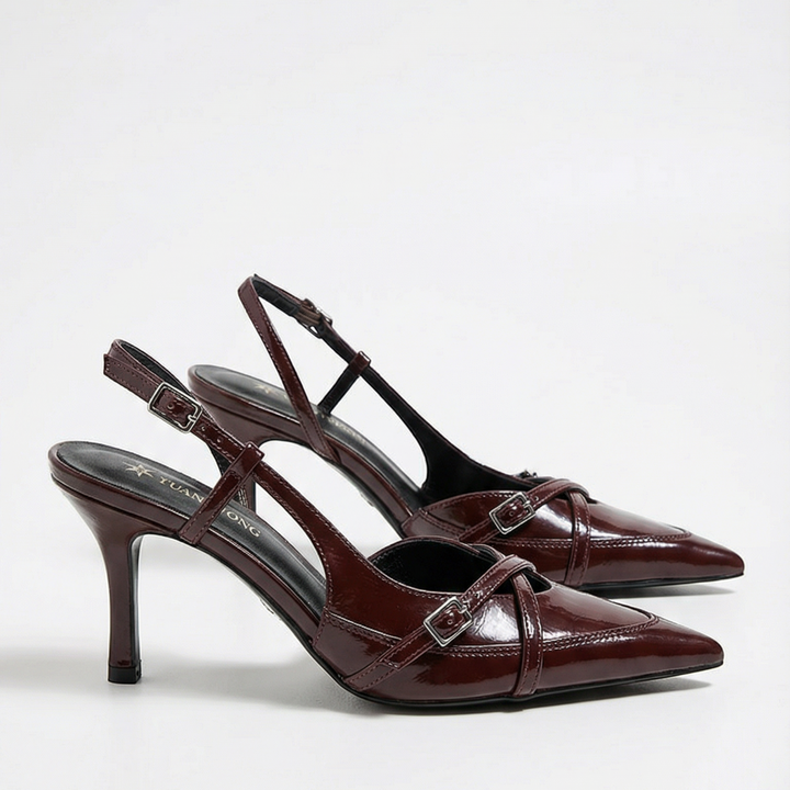 Luna Moda Samantha metallic burgundy slingback heels with pointed toe, kitten heel, and decorative buckled straps.