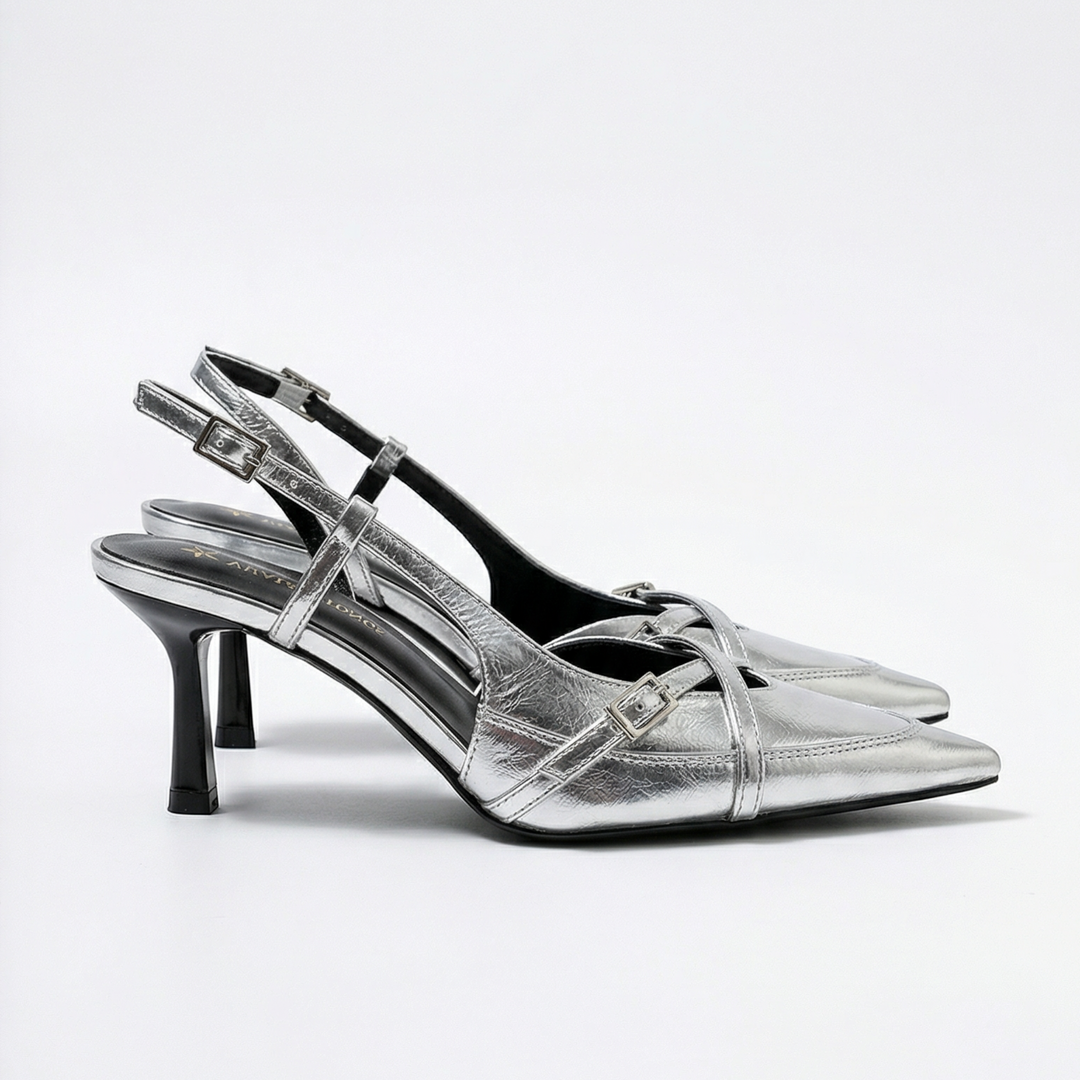 Luna Moda metallic silver slingback kitten heels with pointed toe and decorative buckled cross straps