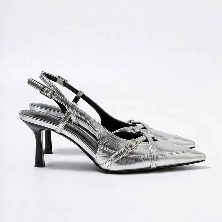 Luna Moda metallic silver slingback kitten heels with pointed toe and decorative buckled cross straps