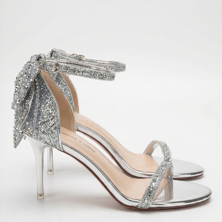 Sara – Sandali glitter con fiocco gioiello in argento | Luna Moda