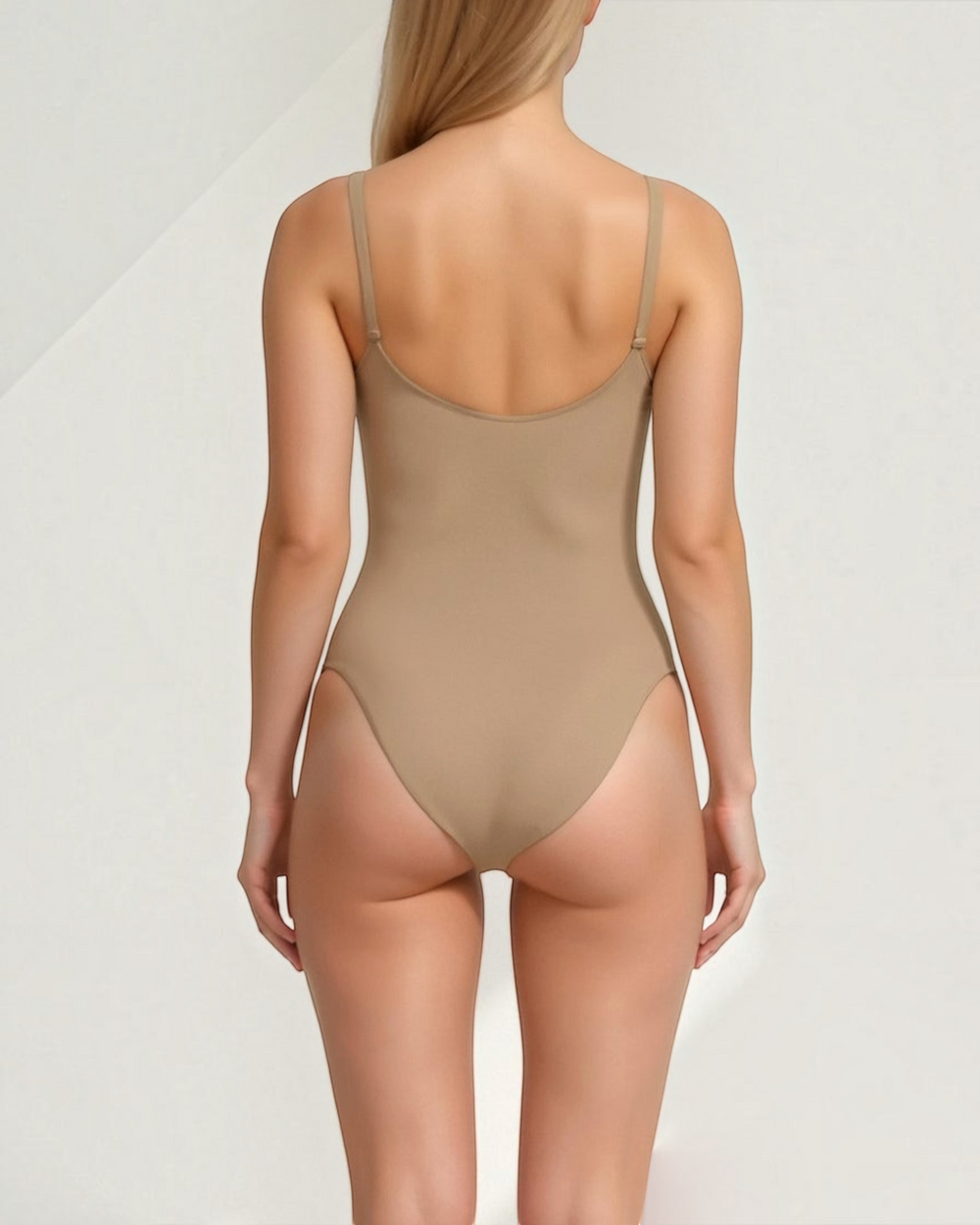 Luna Moda seamless beige shaping bodysuit with thin straps and a minimalist back view on a model