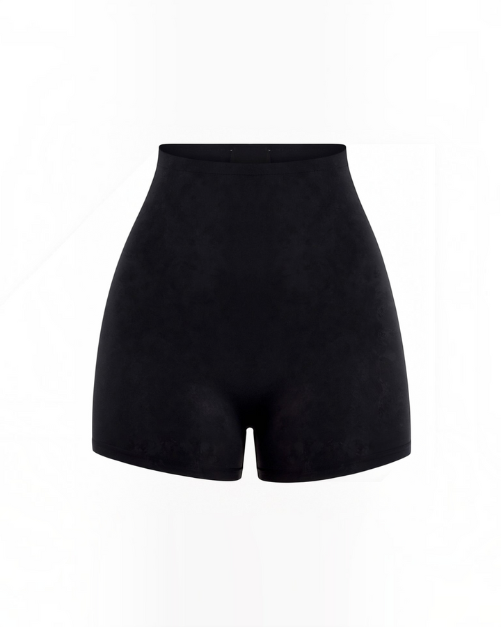 Luna Moda high-waisted black seamless shaping shorts with knee-length coverage for a smooth silhouette.