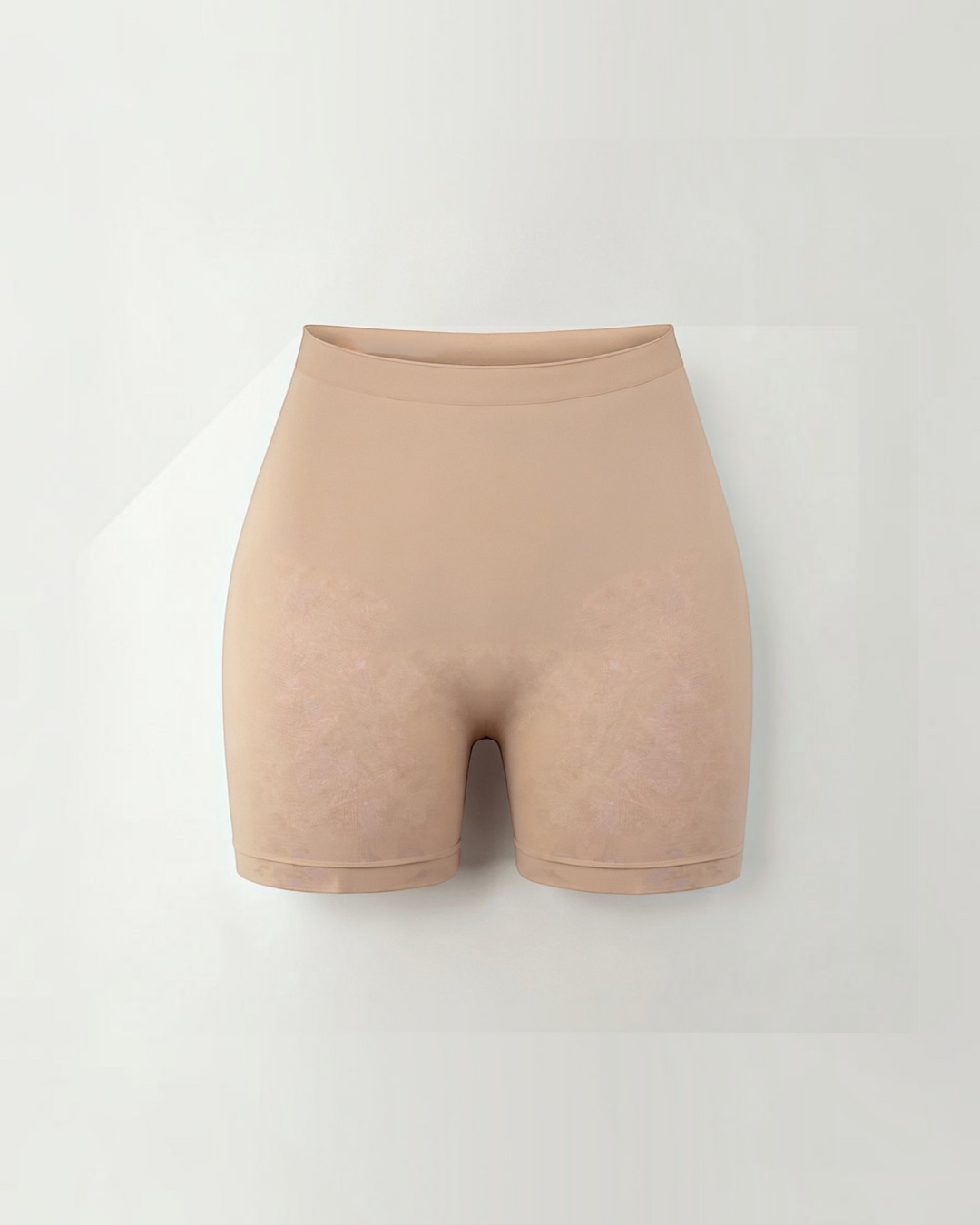 Luna Moda high-waisted seamless beige shaping shorts with knee-length coverage for a smooth silhouette.