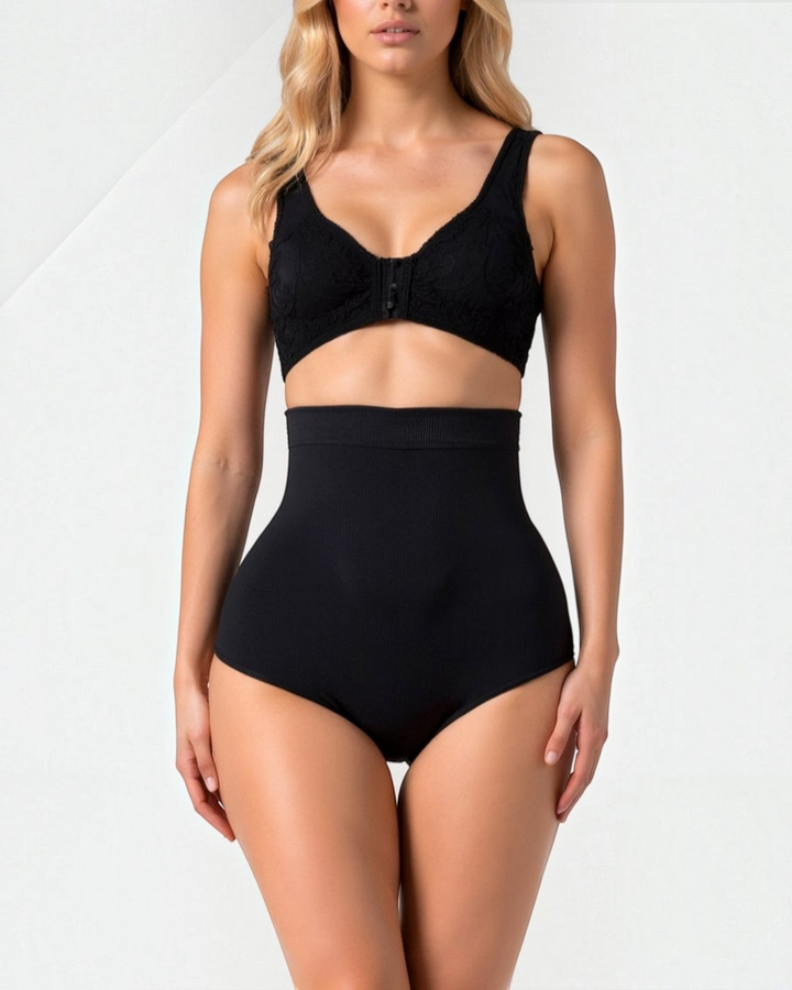 Luna Moda high-waisted black shaping briefs with seamless edges for a smooth silhouette under clothing.