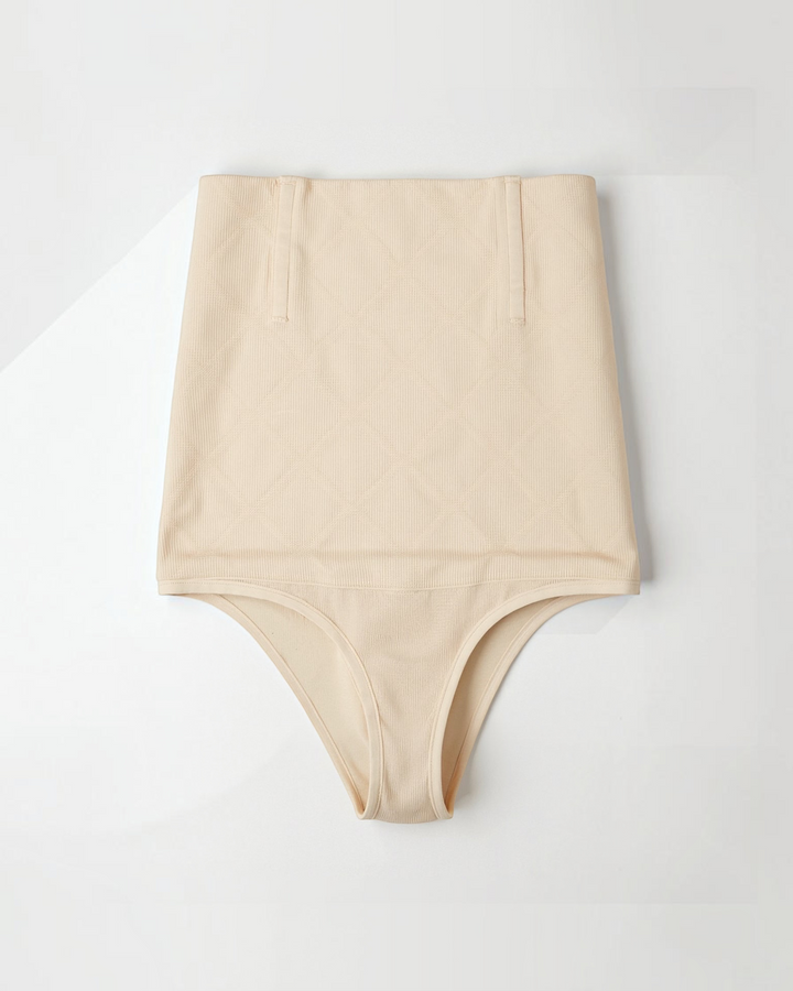 Luna Moda high-waisted beige shaping thong with seamless construction and targeted compression panels