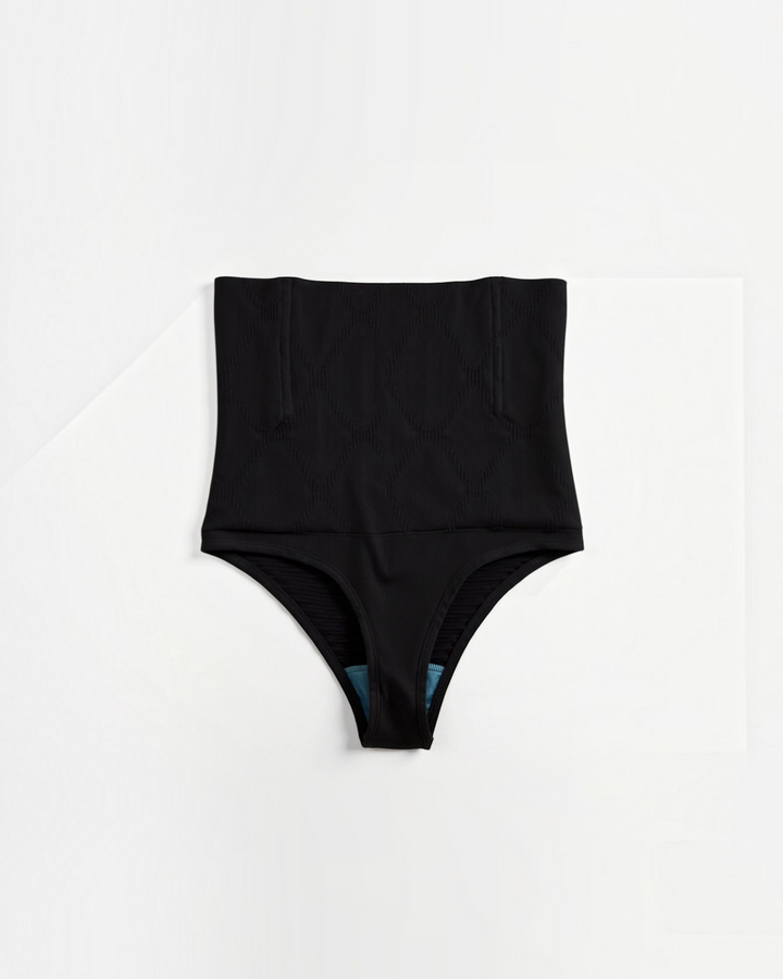Luna Moda high-waisted black shaping thong with seamless construction and targeted compression panels.