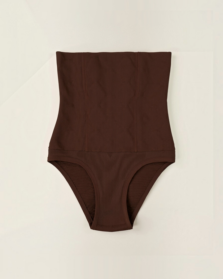 Luna Moda high-waisted seamless shaping thong in dark brown with targeted compression panels for a smooth silhouette.