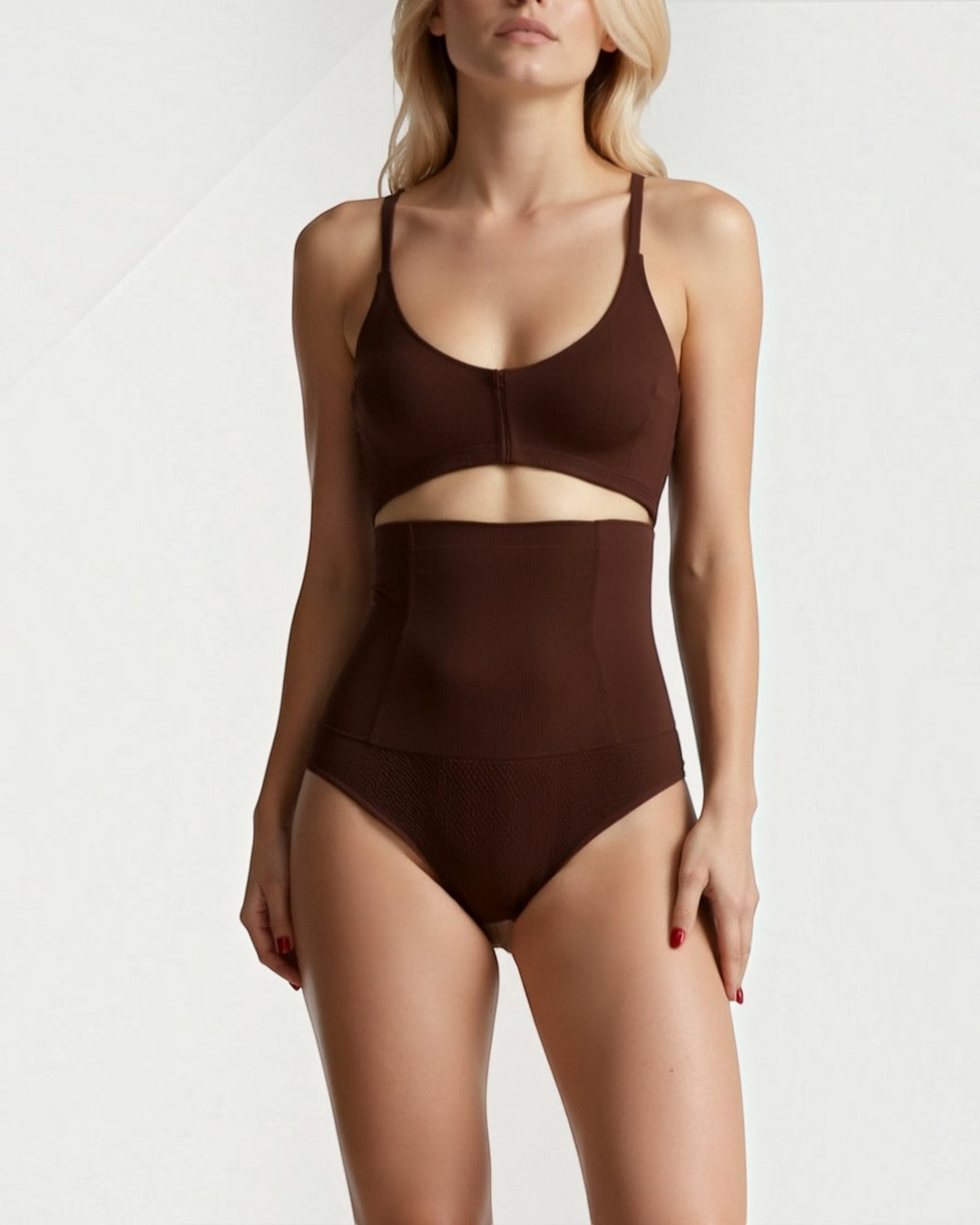Luna Moda high-waisted shaping thong in dark brown, featuring seamless construction and targeted compression panels.
