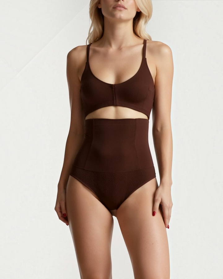 Luna Moda high-waisted shaping thong in dark brown, featuring seamless construction and targeted compression panels.