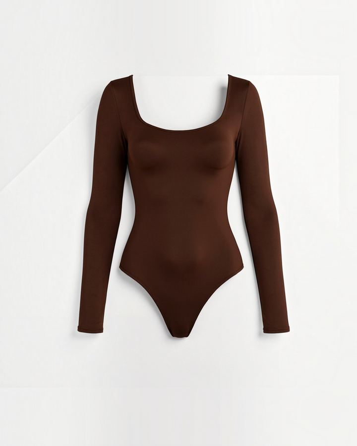 Luna Moda seamless long sleeve thong bodysuit in dark brown with a scoop neckline and second-skin fit.