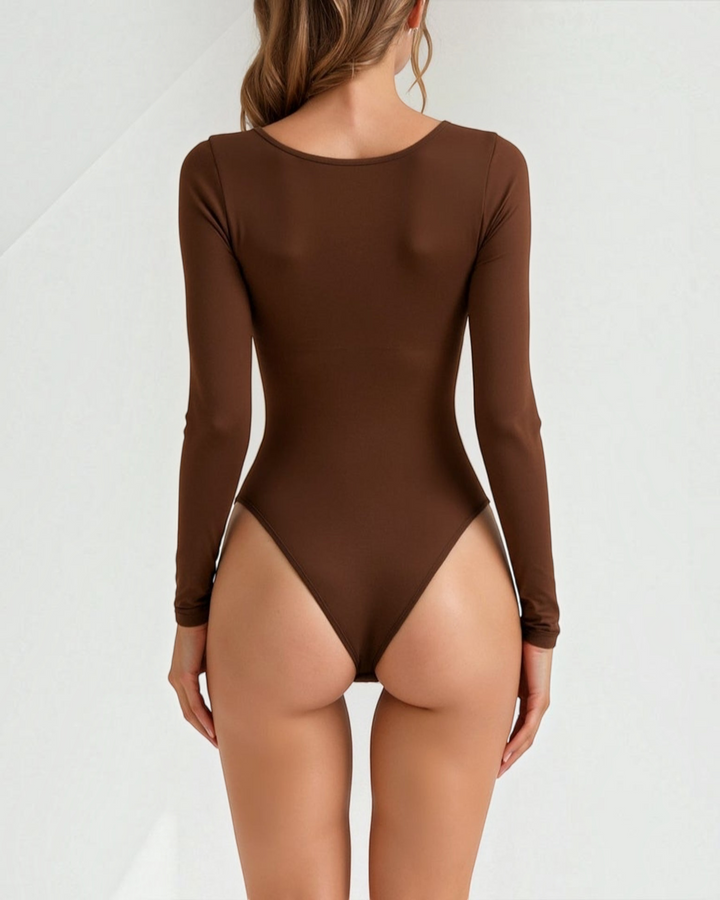 Luna Moda brown long sleeve thong bodysuit with seamless second-skin fit worn by a woman, back view
