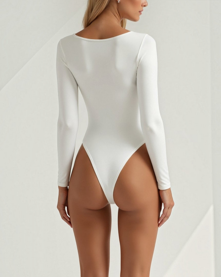 Luna Moda white long sleeve thong bodysuit with seamless second-skin fabric, back view on a model.