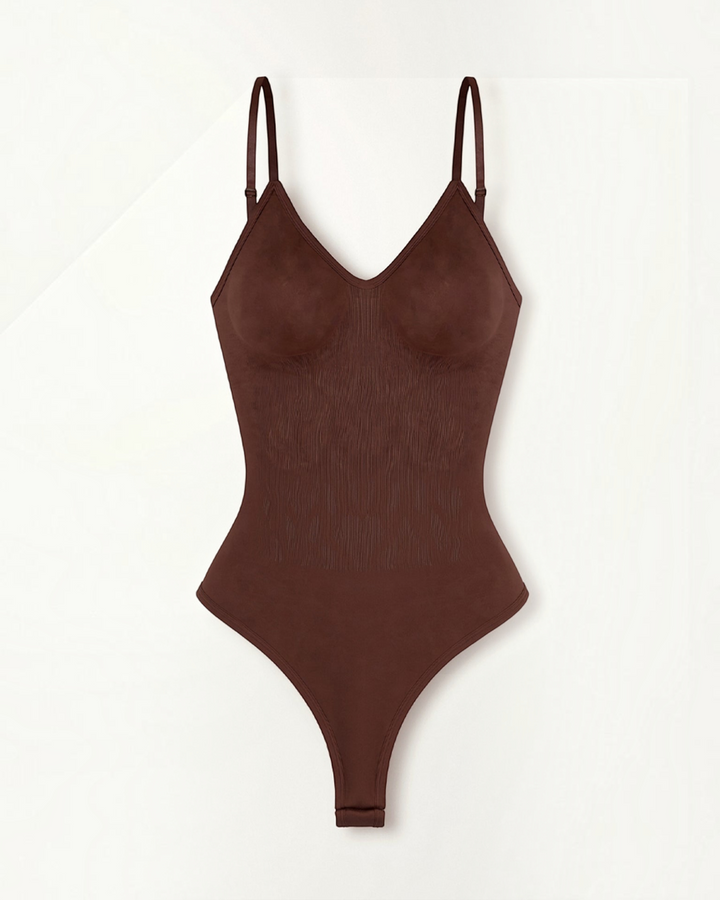Luna Moda seamless brown thong bodysuit with V-neck, thin straps, and low back design for a smooth silhouette.