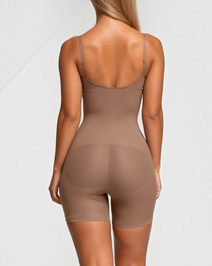 Luna Moda khaki mid-thigh seamless shaping bodysuit worn by a model, back view showing smooth compression fit.