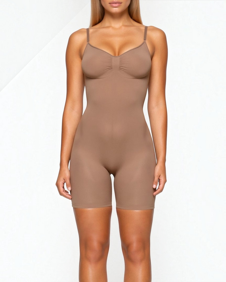 Luna Moda khaki seamless mid-thigh shaping bodysuit with ruched bust and supportive straps on a model