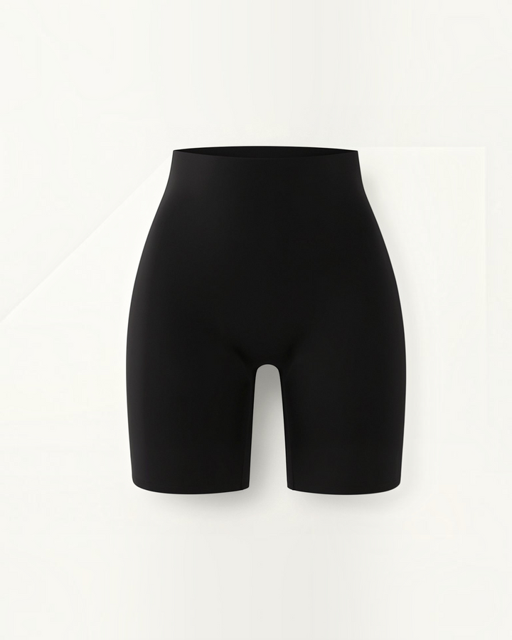 Luna Moda black seamless high-waisted mid-thigh shaping shorts for a smooth silhouette under dresses.