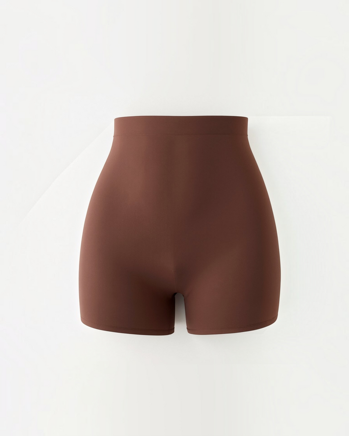 Luna Moda high-waisted seamless shaping shorts in dark brown, featuring a smoothing compressive fabric.