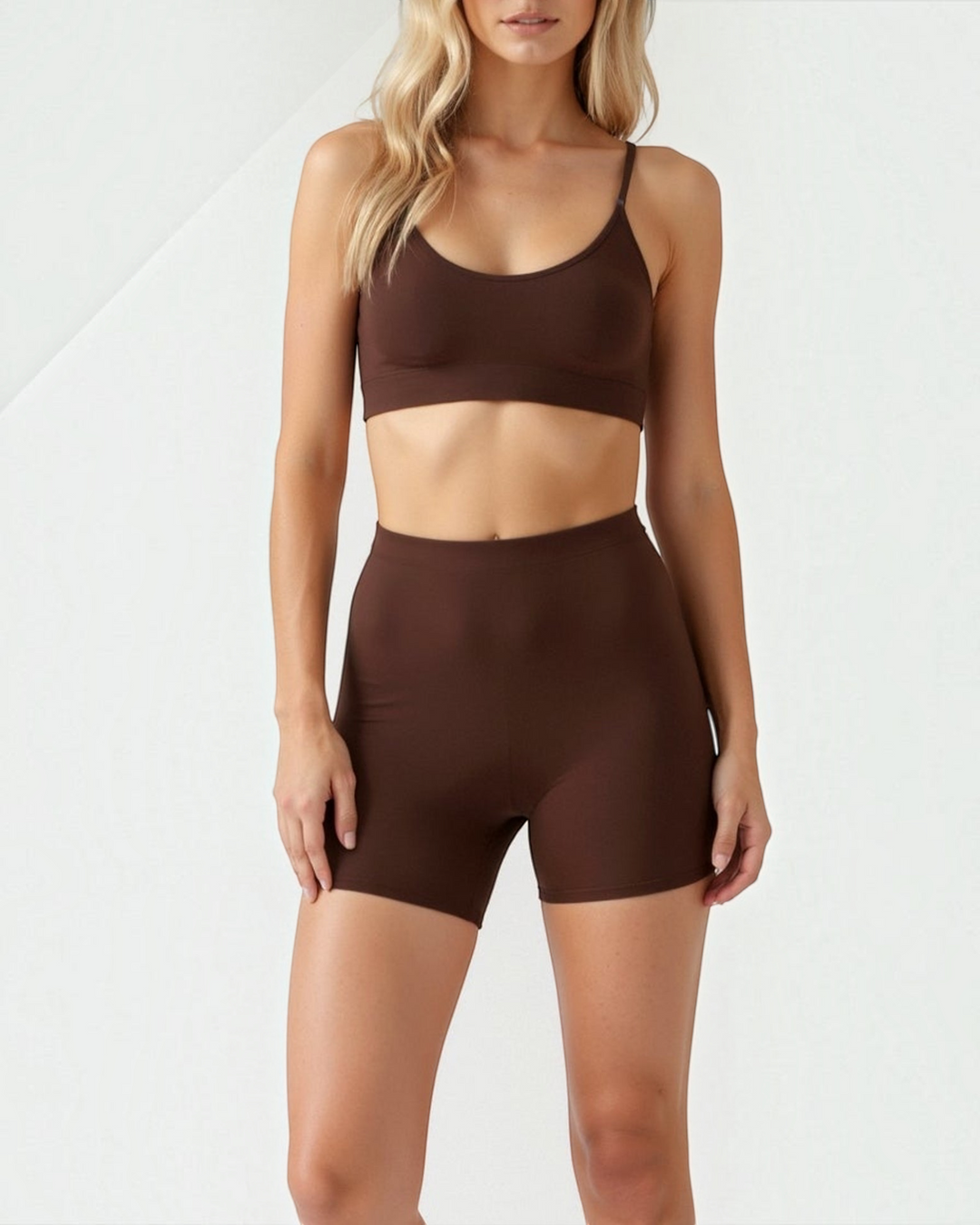 Luna Moda high-waisted seamless brown shaping shorts with mid-thigh length for a smooth silhouette.