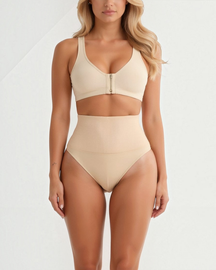 Luna Moda beige mid-rise seamless shaping thong with ultra-thin compressive fabric for a smooth silhouette