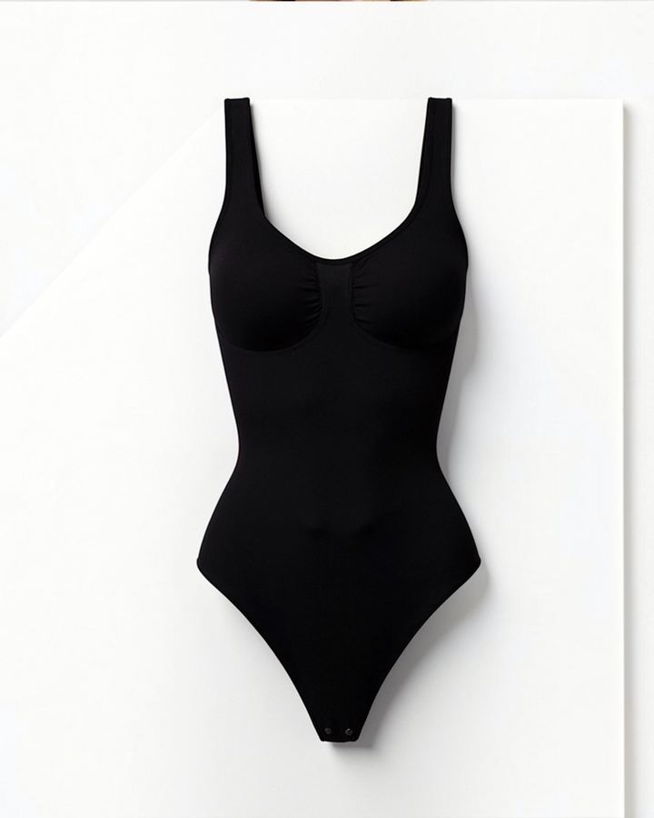 Luna Moda black seamless bodysuit with a V-neckline, wide straps, and shaping seams for a smooth silhouette.