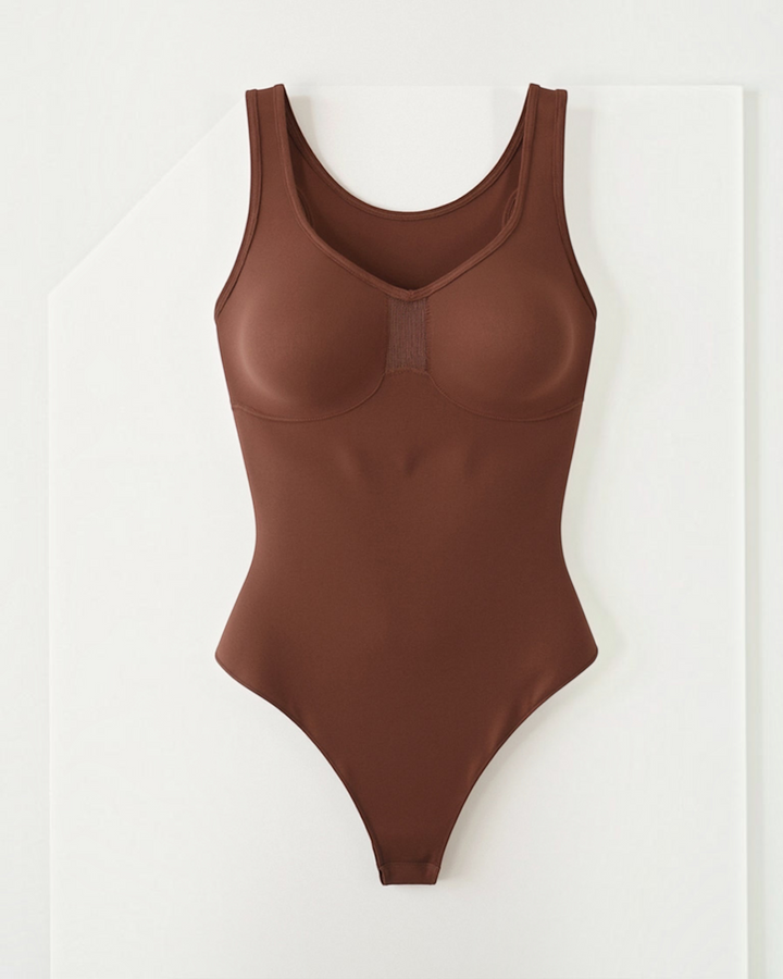 Luna Moda seamless brown bodysuit with a V-neckline, wide straps, and targeted compression for a smooth silhouette.
