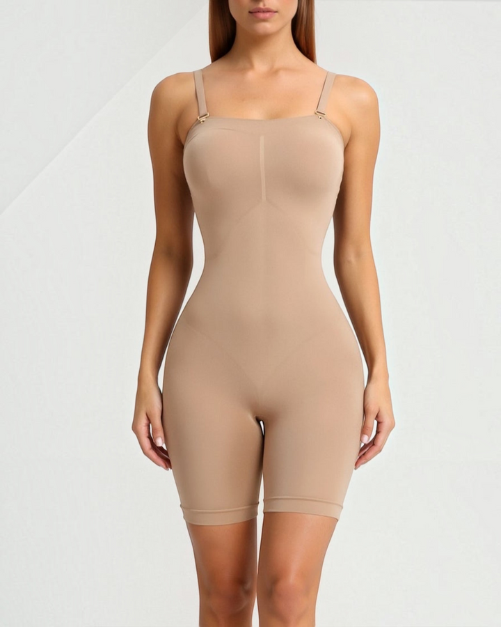Luna Moda beige seamless shaping bodysuit with shorts and adjustable straps for a smooth silhouette.
