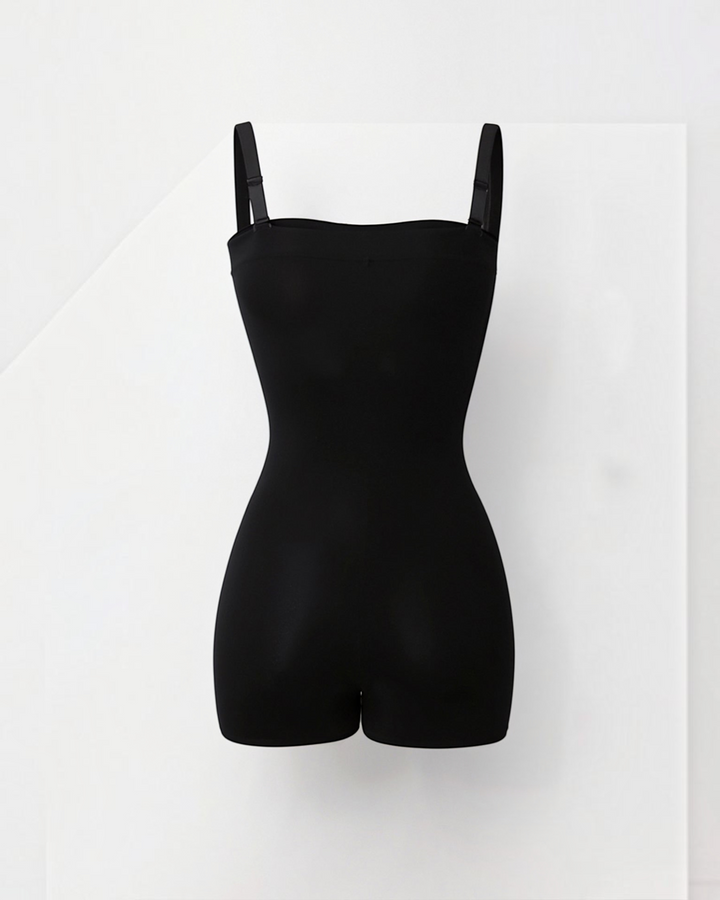 Luna Moda black seamless shaping bodysuit with shorts and adjustable straps for a smooth silhouette.