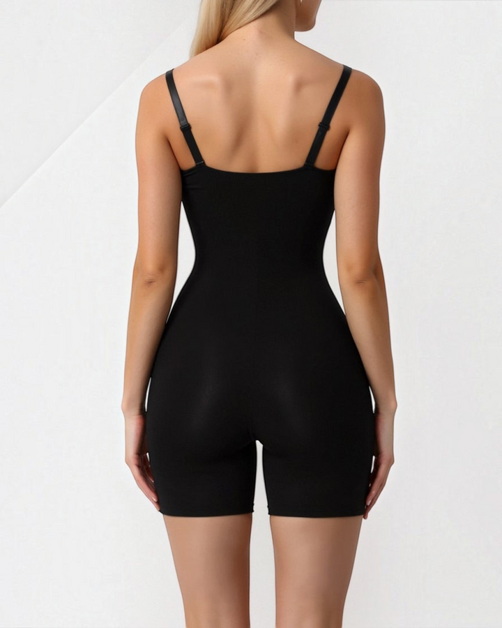 Luna Moda black seamless shaping bodysuit with shorts and adjustable straps, back view on a model