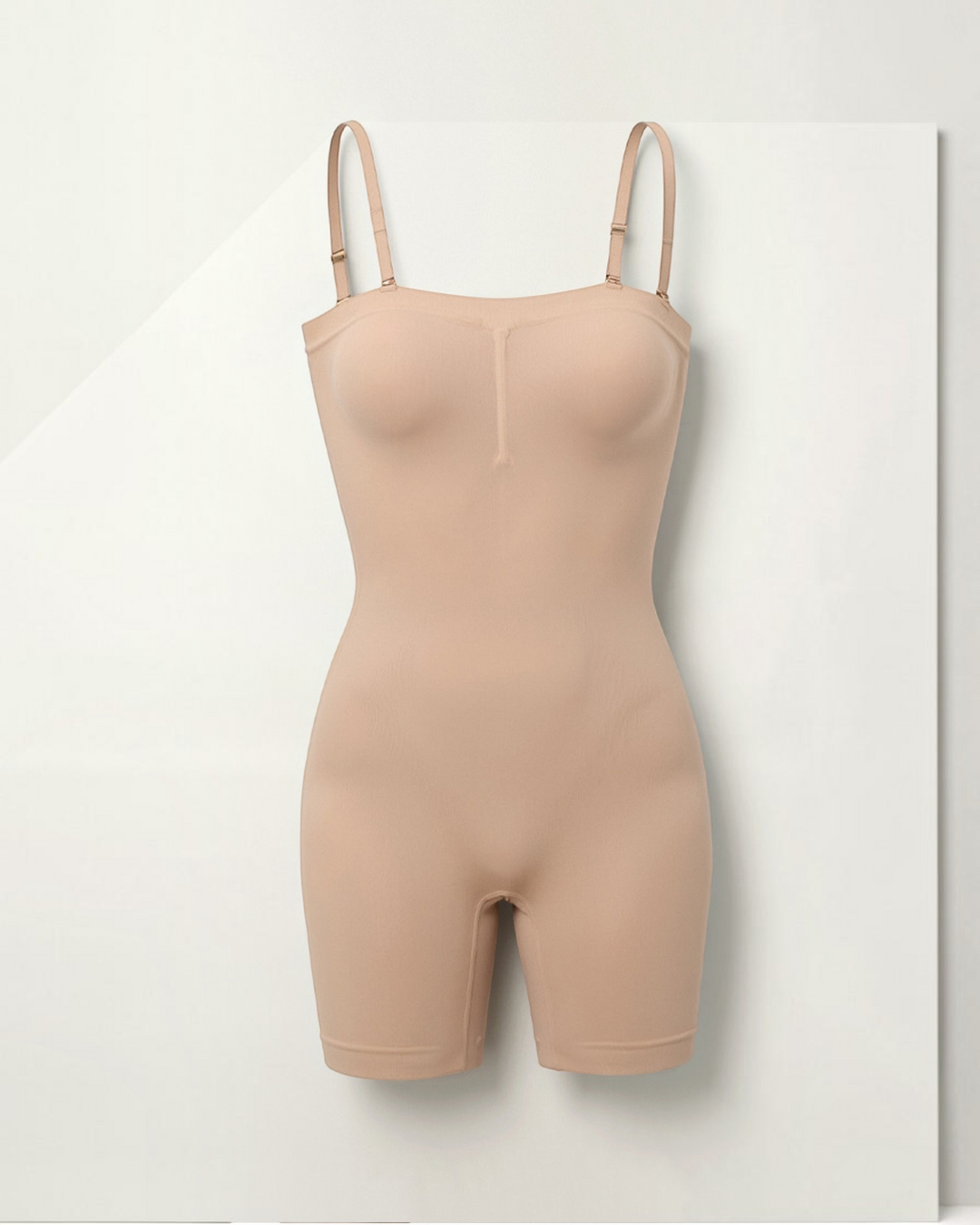 Luna Moda CAMILLA seamless beige shaping bodysuit with shorts and adjustable straps for a smooth silhouette