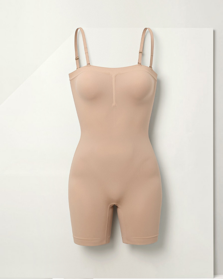 Luna Moda CAMILLA seamless beige shaping bodysuit with shorts and adjustable straps for a smooth silhouette