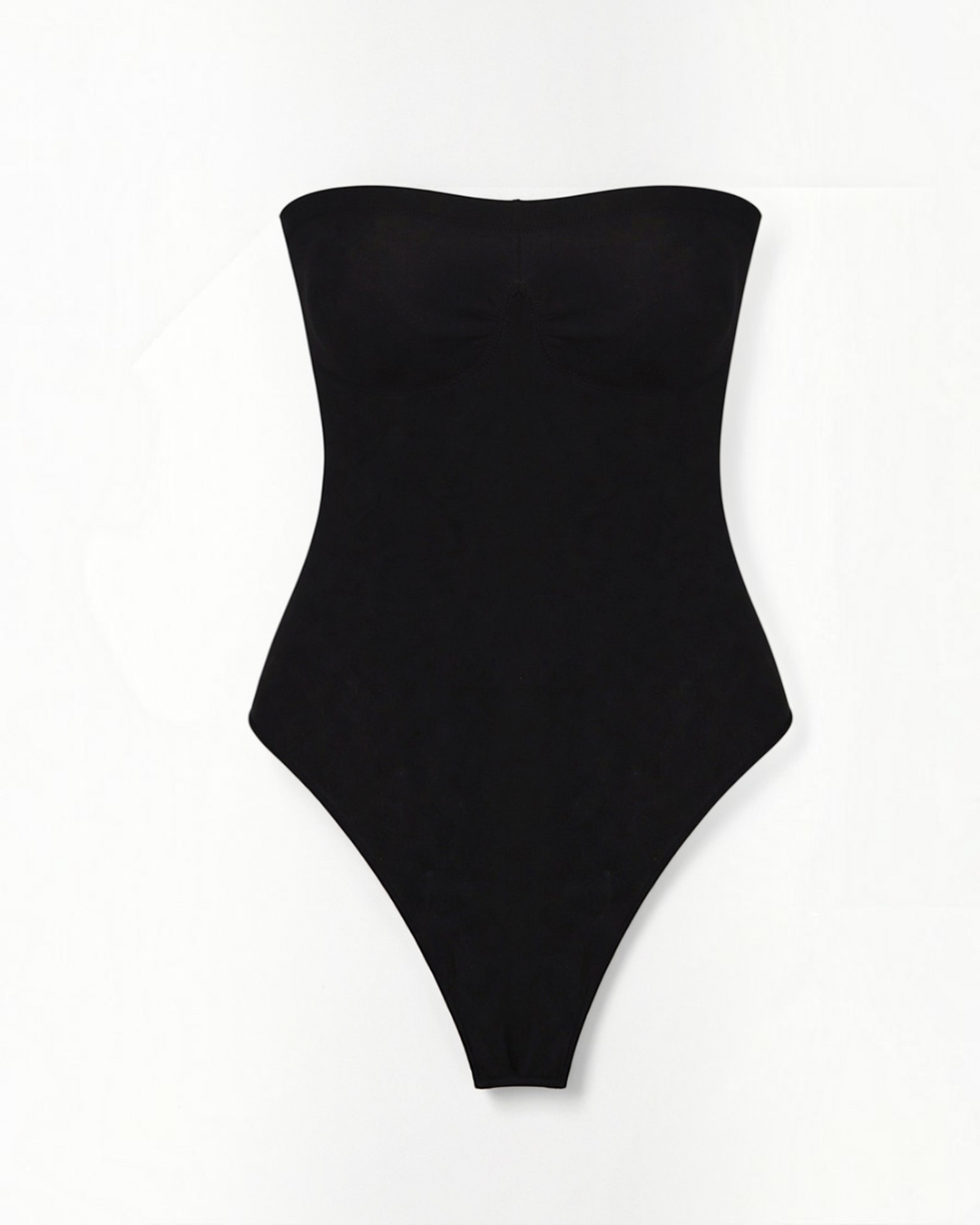 Luna Moda black seamless bandeau thong bodysuit with high-cut leg for a sculpting, invisible fit under clothing.